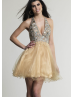 Champagne Tulle Beaded Halter Backless Knee Length Prom Dress